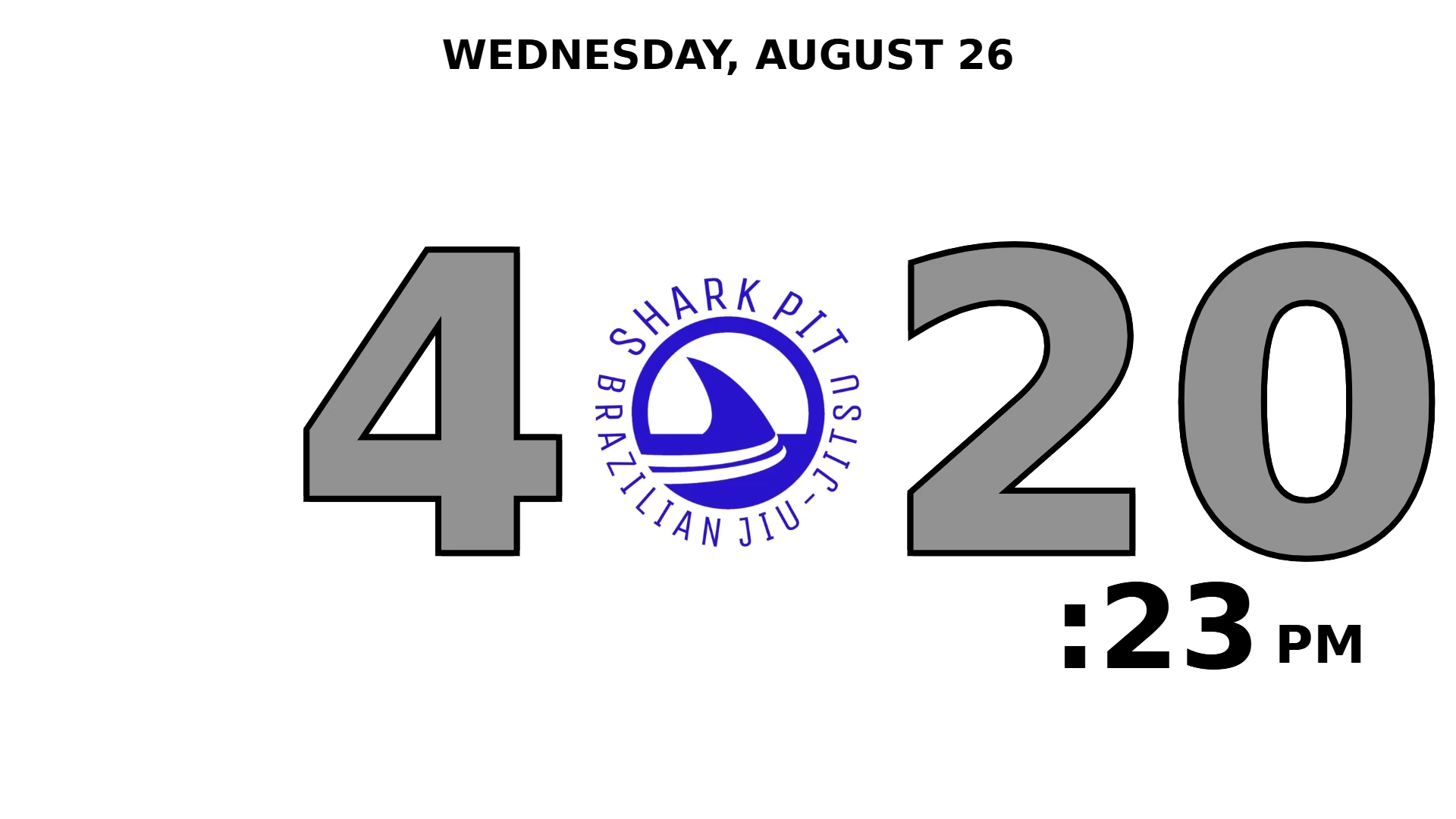 BarnOps gym timer branded for Shark Pit BJJ — white background, grey digits and the club logo